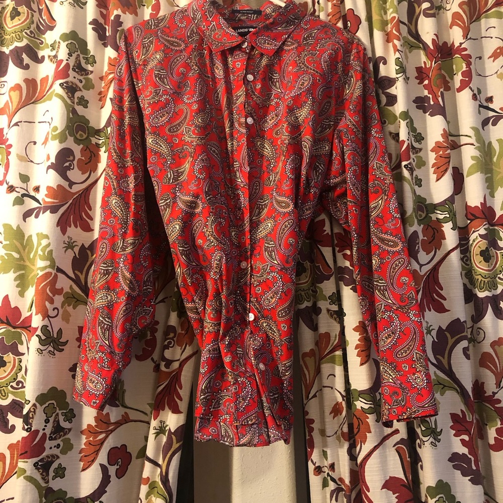 Lands End festive paisley button down shirt.